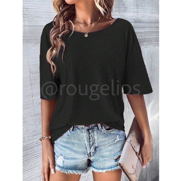 Black Tee Shirt Cut Put Mock Racer Back Batwing Sleeve Loose Fit Boat Neck - Picture 6 of 7